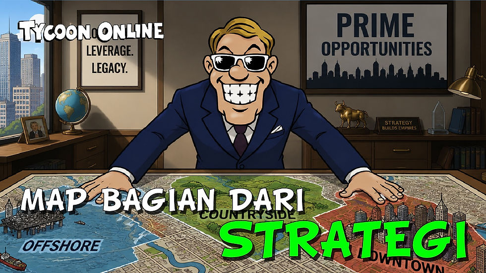 Rex mempelajari Map besar Tycoon Online yang terbagi menjadi Offshore, Countryside, dan Downtown untuk strategic planning.