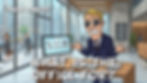 Rex looks confused in a modern office lobby while a computer screen shows calls, messages, and settings, raising the question of what the Office is used for in Tycoon Online.