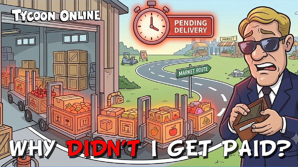 Rex checks an empty wallet while goods wait for pending delivery on the route to the market.