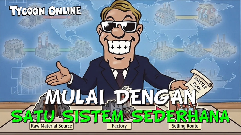 Karakter pengusaha Tycoon Online menunjukkan master plan beserta sistem yang menghubungkan sumber bahan baku, pabrik, dan jalur penjualan, dengan teks āMulai dengan Satu Sistem Sederhana.ā