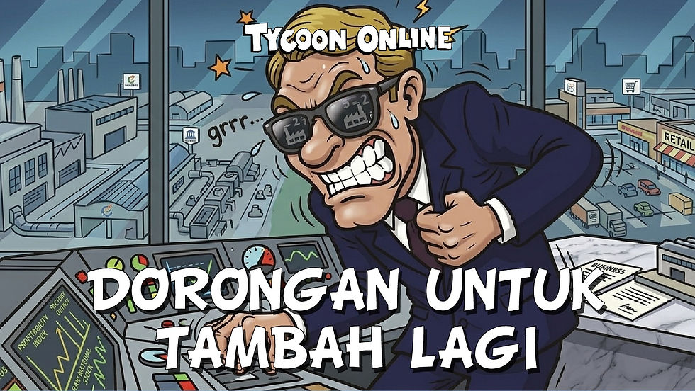 Bos Tycoon Online terlihat tegang di depan panel kontrol, tergoda untuk mendorong lebih jauh saat kota dan pabrik terlihat di luar jendela.