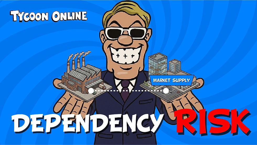 Character holding a factory and a market building in each hand, highlighting market supply dependency risk in Tycoon Online.