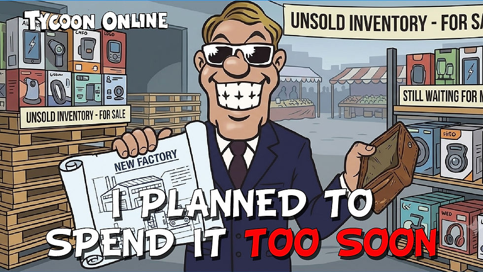 Rex holds a new factory plan and an empty wallet, alongside unsold inventory, waiting for buyers.
