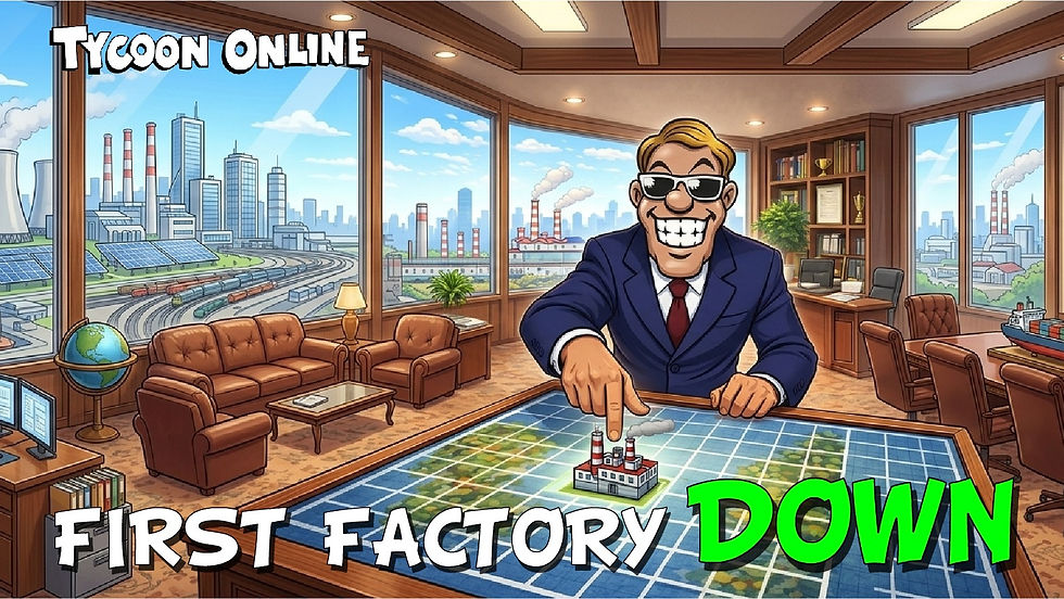 Tycoon Online player placing the first factory on the map inside an office environment with a city view