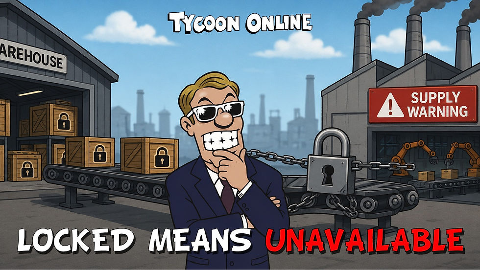 Rex looks at locked warehouse crates while a factory shows a supply warning in Tycoon Online.