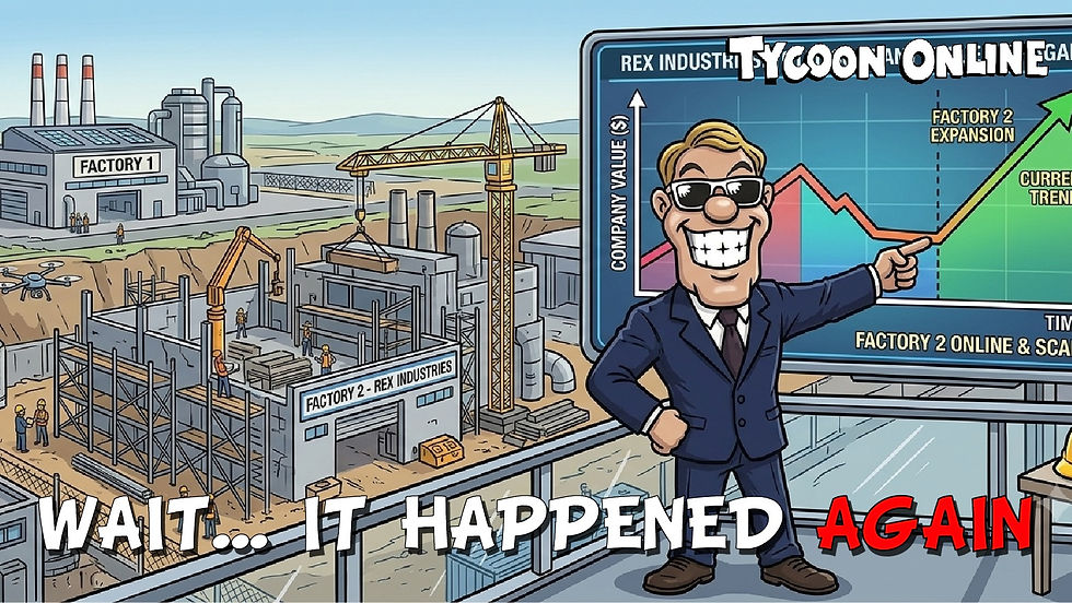 Rex points at a Company Value chart beside a second factory under construction.