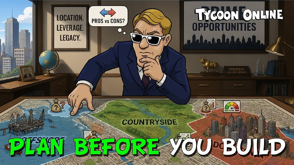 Rex reviews a Tycoon Online map with Offshore, Countryside, and Downtown areas while planning where to build.