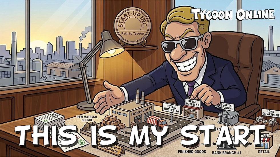 Tycoon Online player starting a new round with the first factory setup and an early business layout on the desk