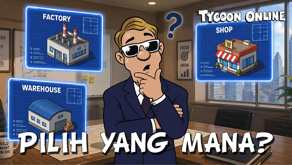 Rex berpikir di ruang planning dengan blueprint factory, warehouse, dan shop yang muncul di sekelilingnya.