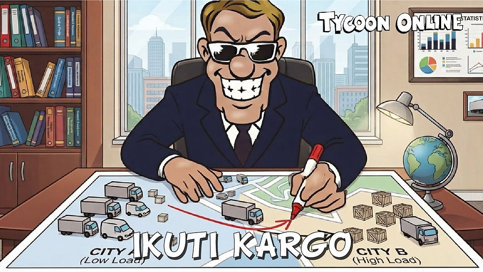 REX mempelajari transportation map yang menunjukkan truk, kargo, dan rute antar kota dengan muatan rendah dan tinggi di Tycoon Online.