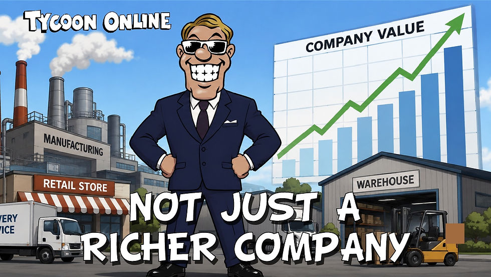 Rex stands between a manufacturing building, retail store, warehouse, and a rising Company Value chart.