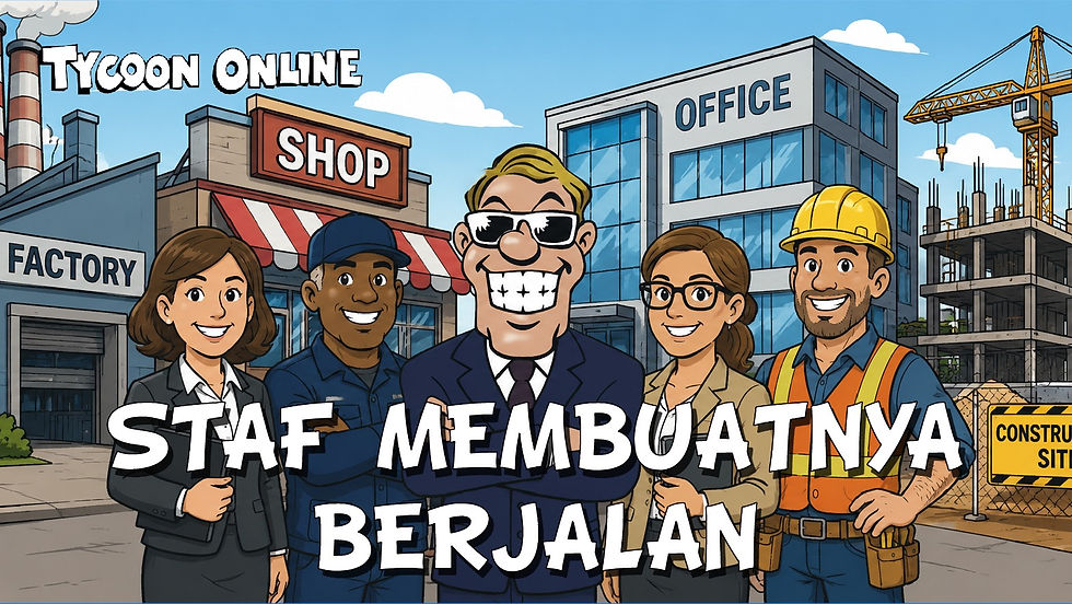 Rex berdiri bersama staf di depan Factory, Shop, Office, dan construction site, menunjukkan bahwa setiap building membutuhkan orang untuk beroperasi.