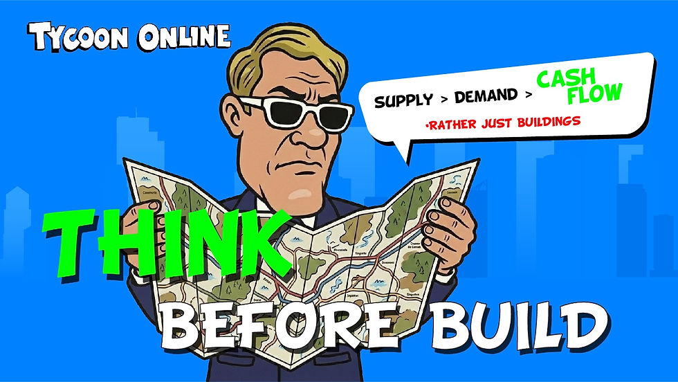 Illustration of a businessman reading a map in Tycoon Online with the message to think before building and focus on cash flow and supply strategy.