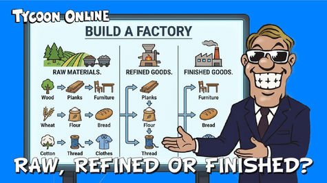 Comparison board showing raw materials, refined goods, and finished goods production paths in Tycoon Online.