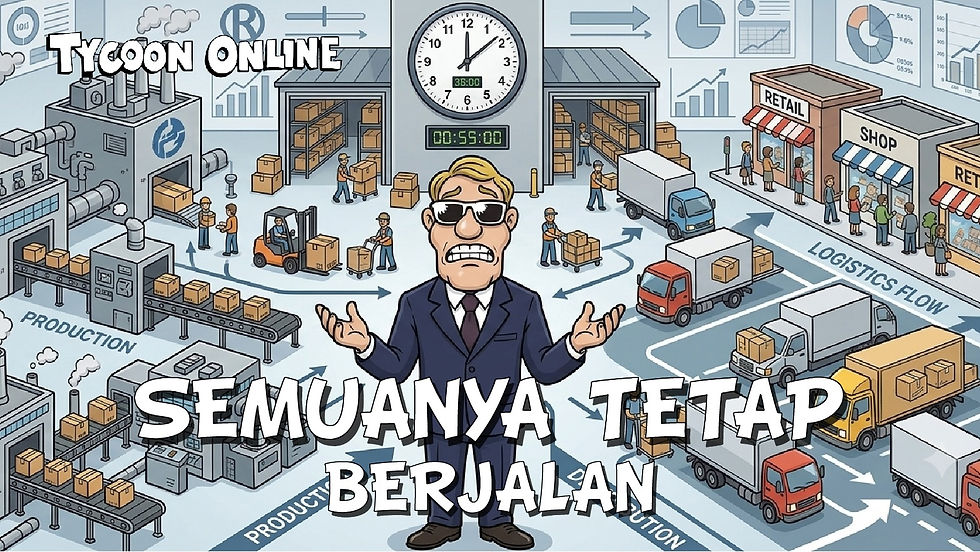 Rex terlihat bingung di tengah sistem production dan logistics Tycoon Online yang tetap berjalan dengan factories, trucks, warehouse, dan shops.