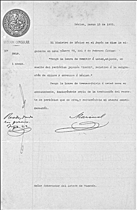 Letter from Governor of Yucatan regarding letter from Minister of Mexico in Japan