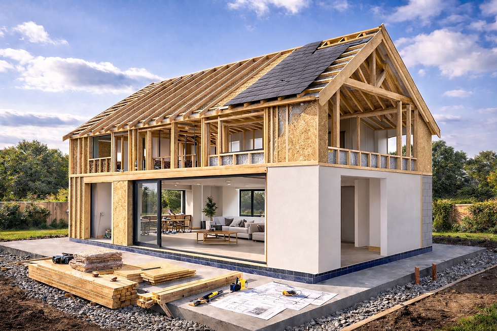 Eye-level view of timber frame extension with steel supports and stone walls by the coast