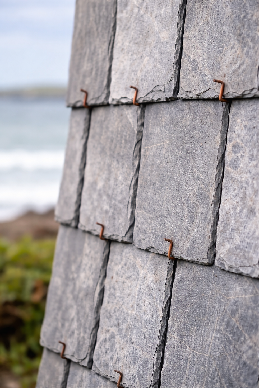 Close-up view of slate roof tiles on a coastal home extension