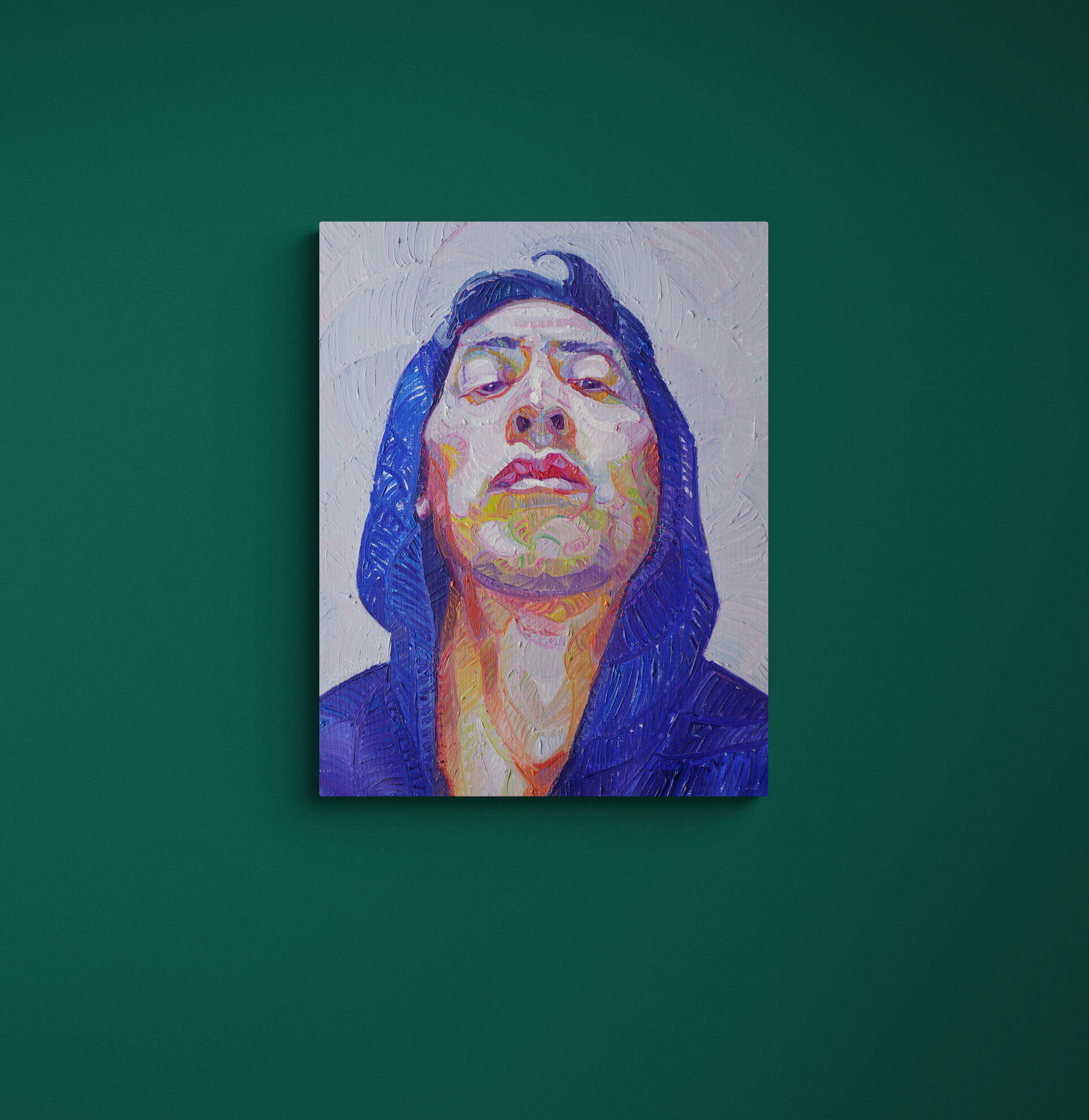 Selfportrait with blue capuchon, Original Artwork (oil on canvas, 31cm x 40cm)