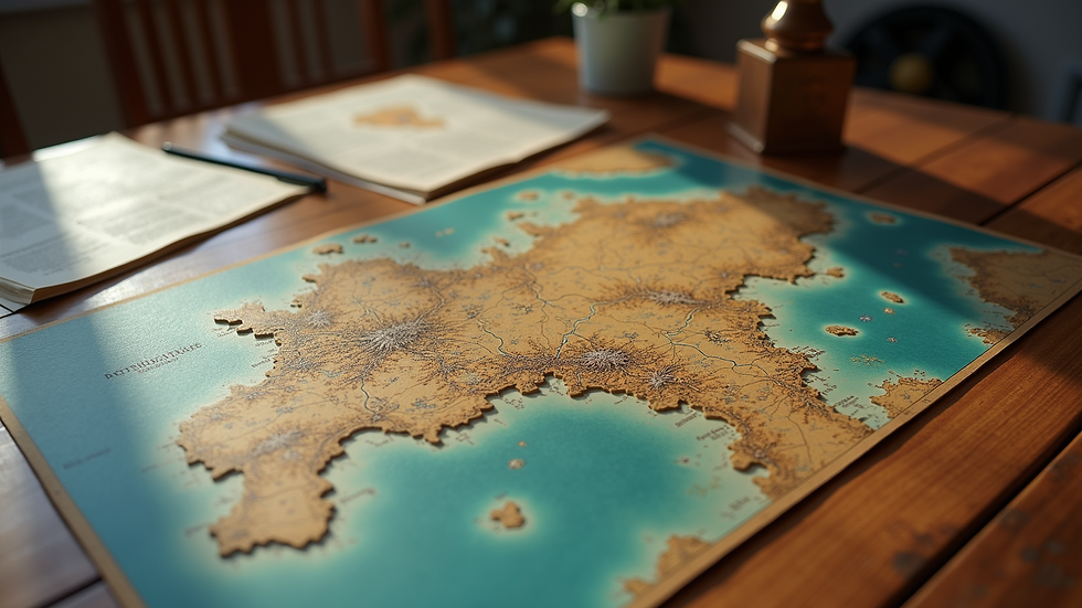 High angle view of a fantasy map spread out on a wooden table