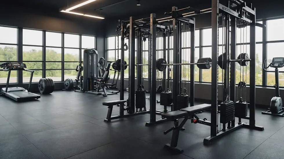 Eye-level view of a gym showing various strength training equipment