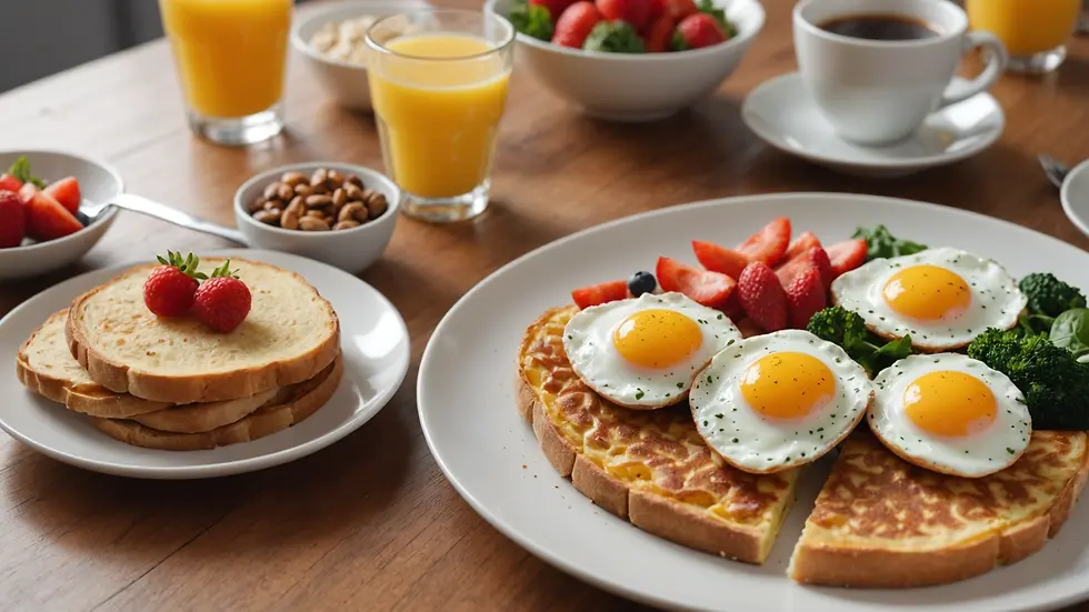 Eye-level view of a breakfast table featuring protein-rich foods