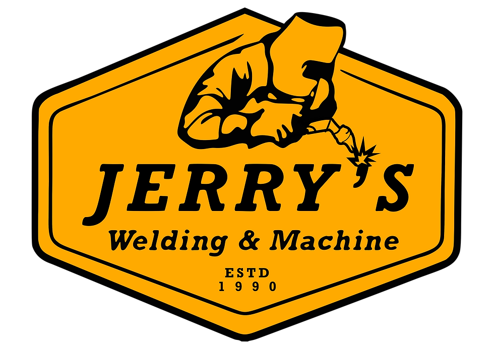 Wide landscape logo for Jerry's Welding & Machine in bold yellow and black, featuring a welder illustration and text