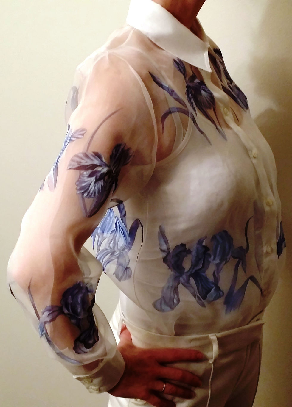 Thumbnail: Silk organza blouse "Blue irises on a white "