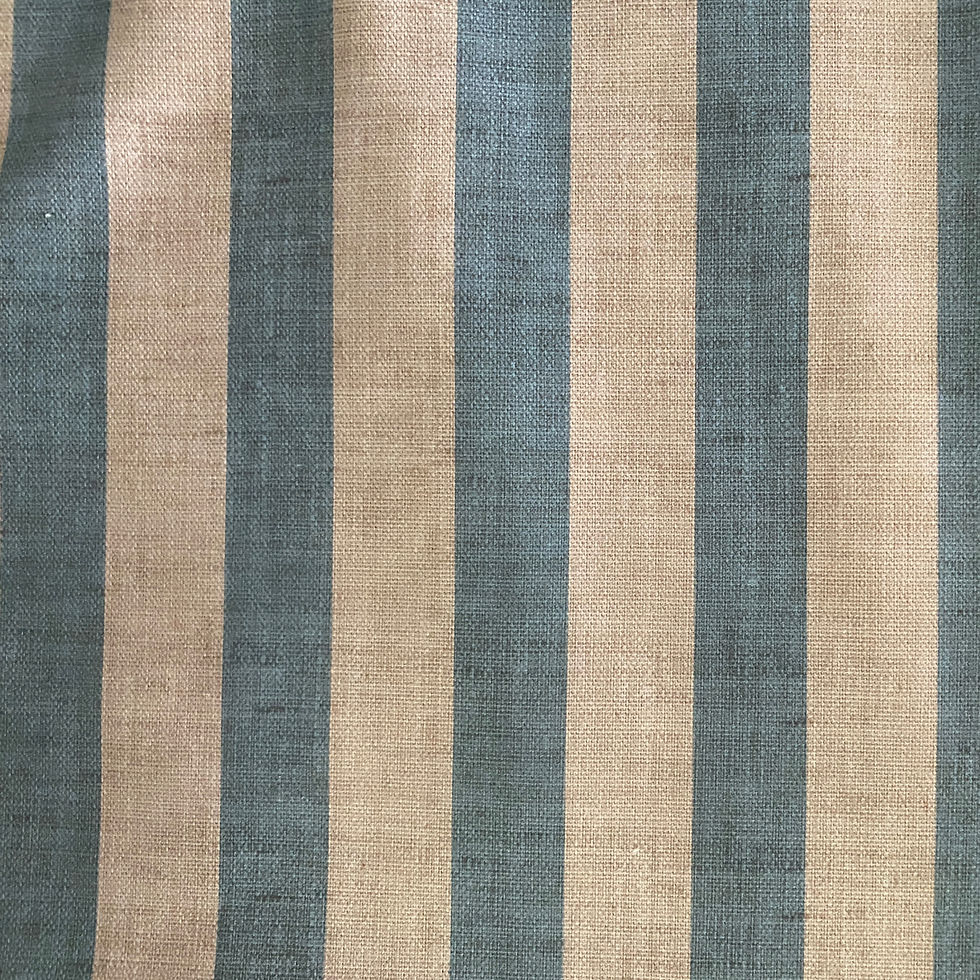 Thumbnail: Beige and blue curtain valance with vertical stripes.