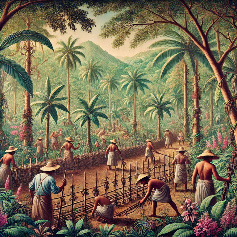 Workers cultivating vanilla in a lush tropical plantation, surrounded by tall palm trees and vibrant greenery. The scene showcases traditional farming techniques used in vanilla production, with the workers tending to the plants in a well-organized layout.