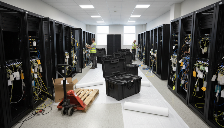 Wide-angle view of a data center aisle prepared for equipment removal.