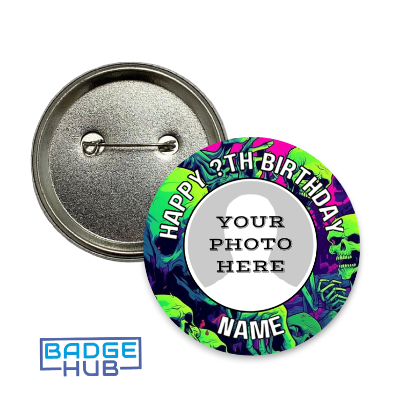Neon skull personalised birthday photo 58mm pin badge with name and age