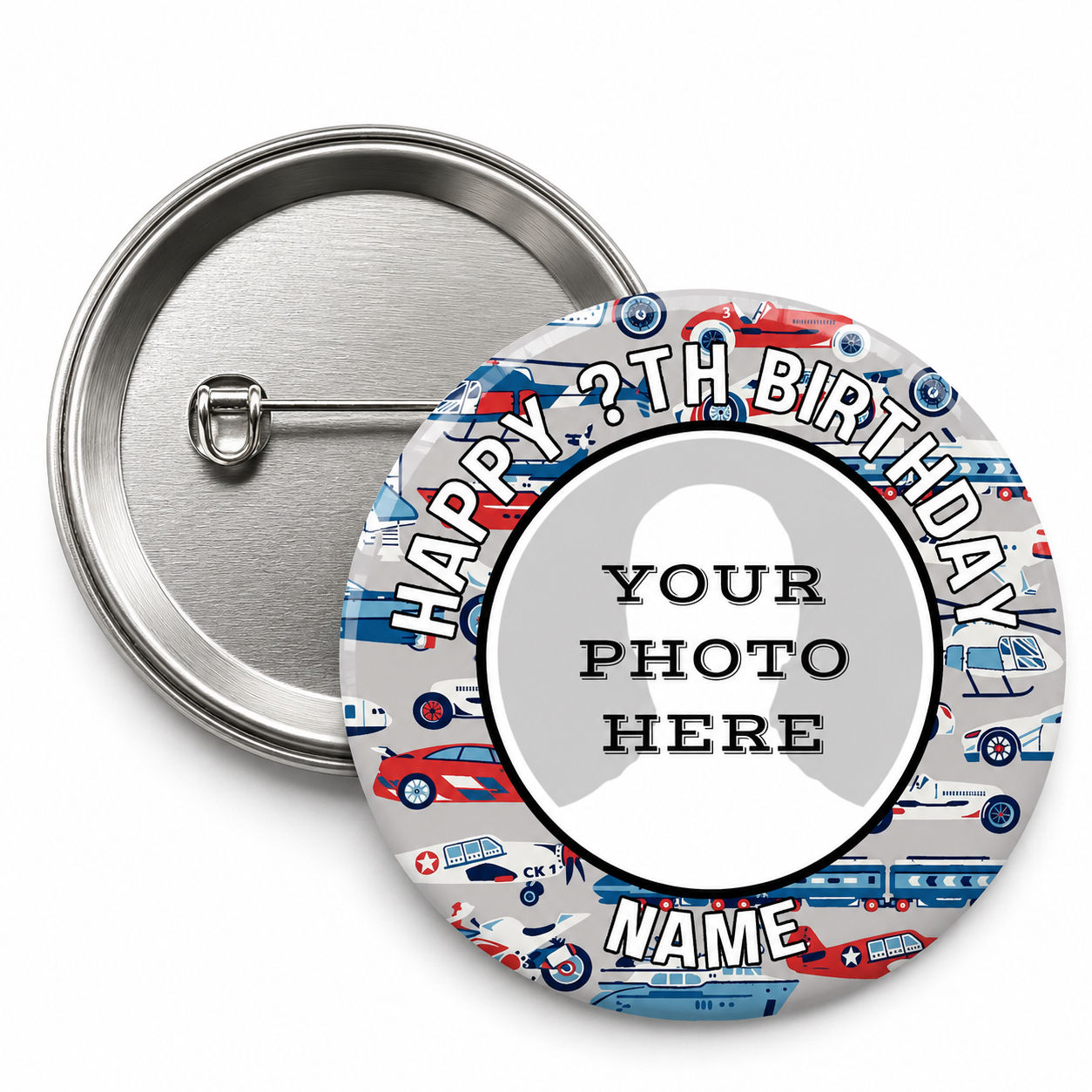Personalised Transport Birthday Photo 58mm Pin Badge