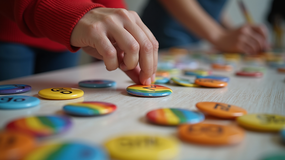 Wide angle view of a colorful button-making event for LGBTQ+ support