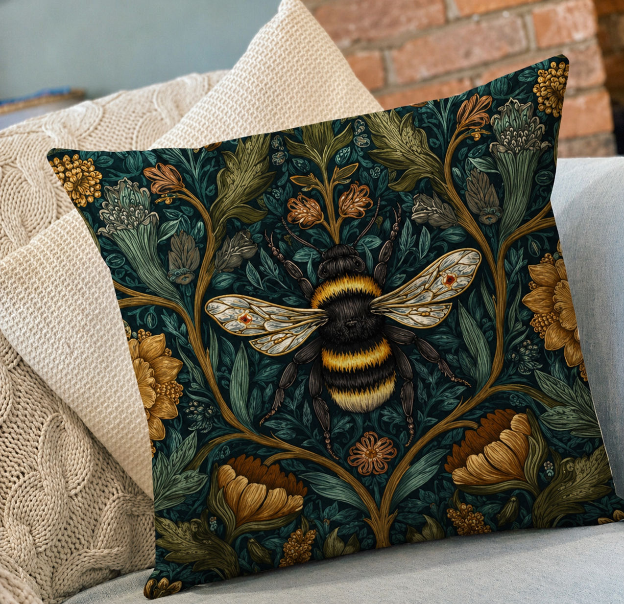 Bee cushion 45x45cm with insert bumblebee floral botanical sofa cushion