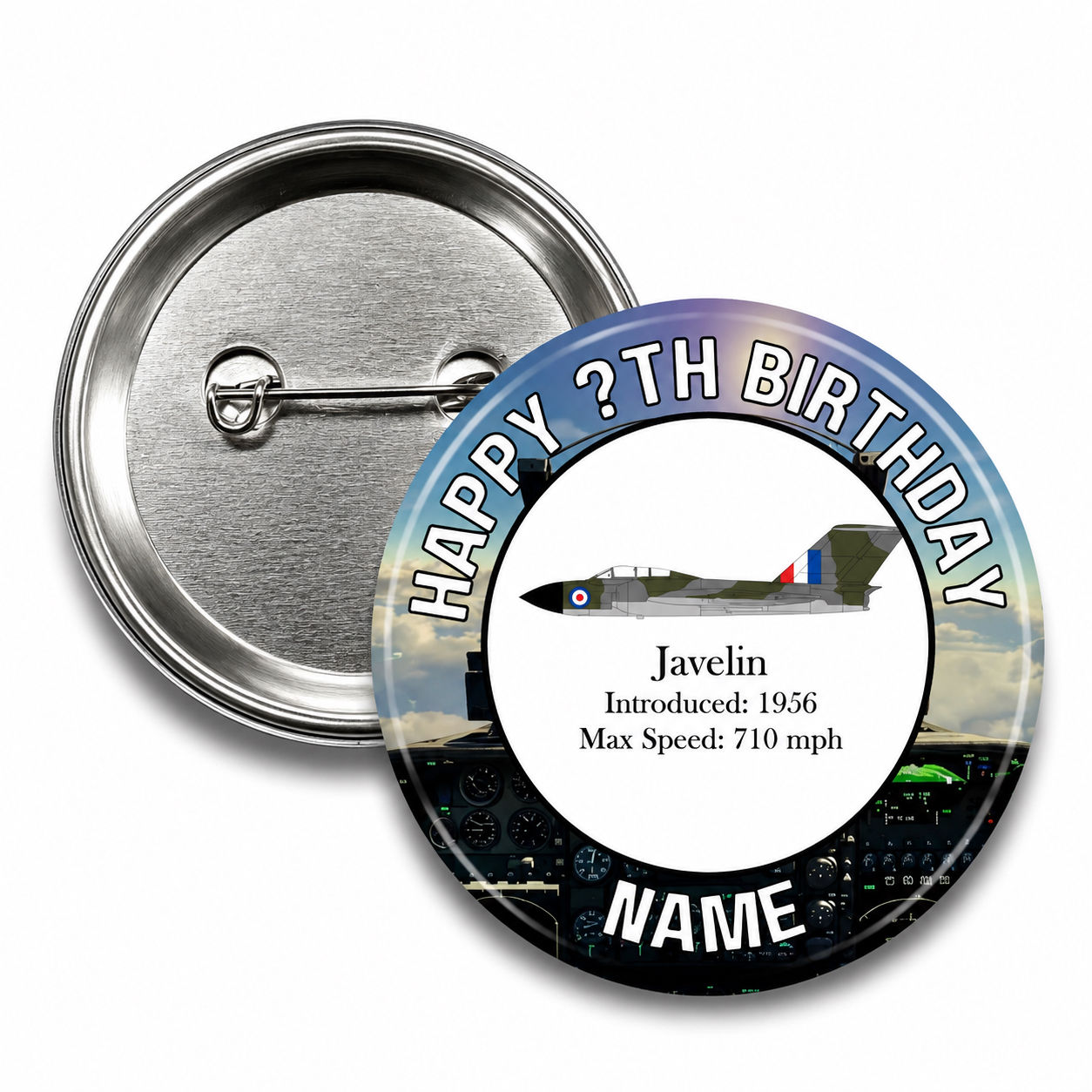 58mm Personalised Javelin Jet Birthday Badge
