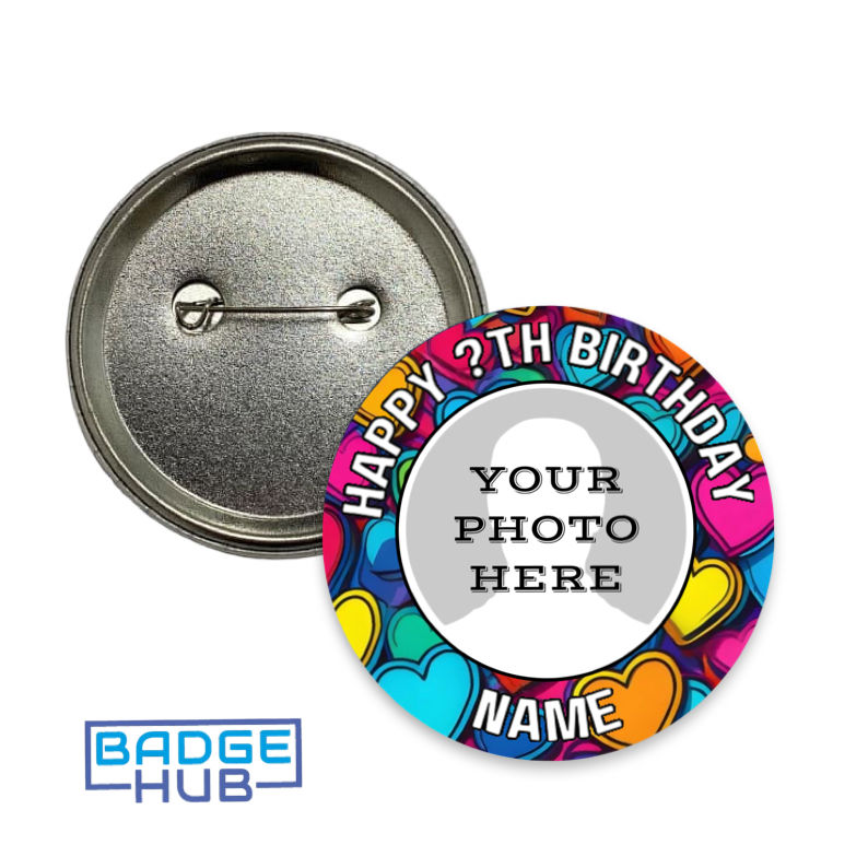 Personalised heart birthday photo badge with name and age