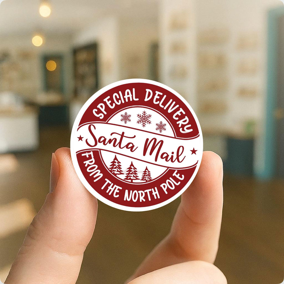 Red and white pin badge that reads “Special Delivery Santa Mail From the North Pole” with snowflakes and pine trees