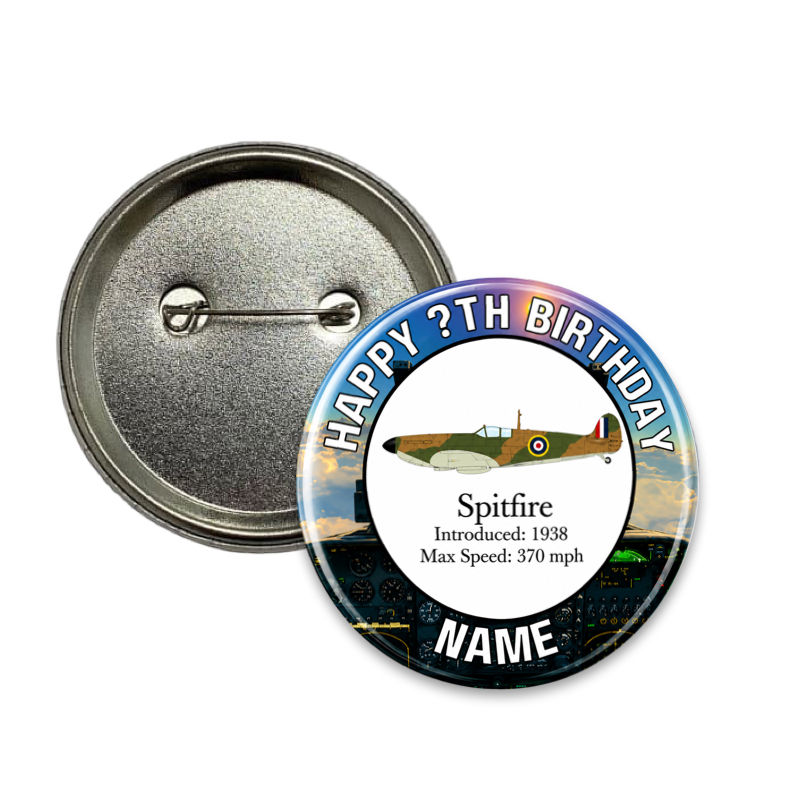 Personalised Birthday Badge | Spitfire Plane | 58mm Name & Age