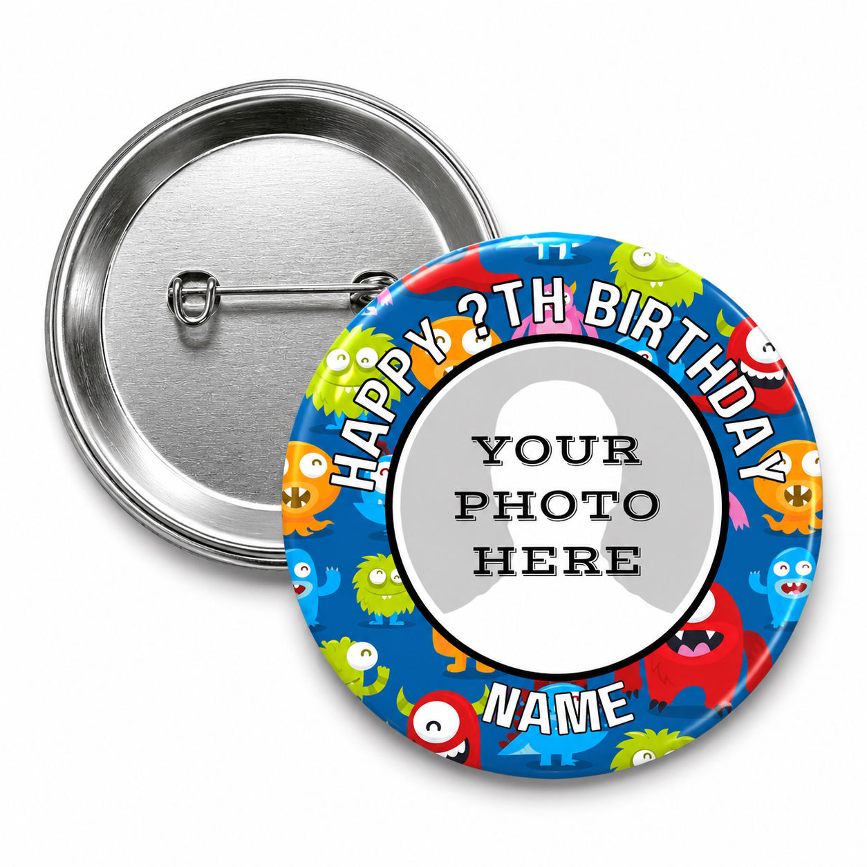 Personalised Monster Photo Birthday Badge – 58mm
