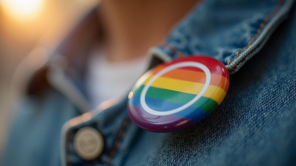 Close-up view of a rainbow pride flag button