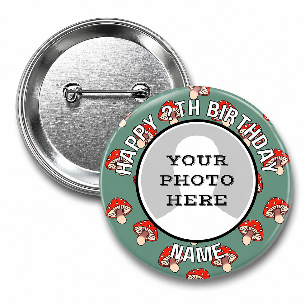 Personalised Mushroom Photo Birthday Badge – 58mm