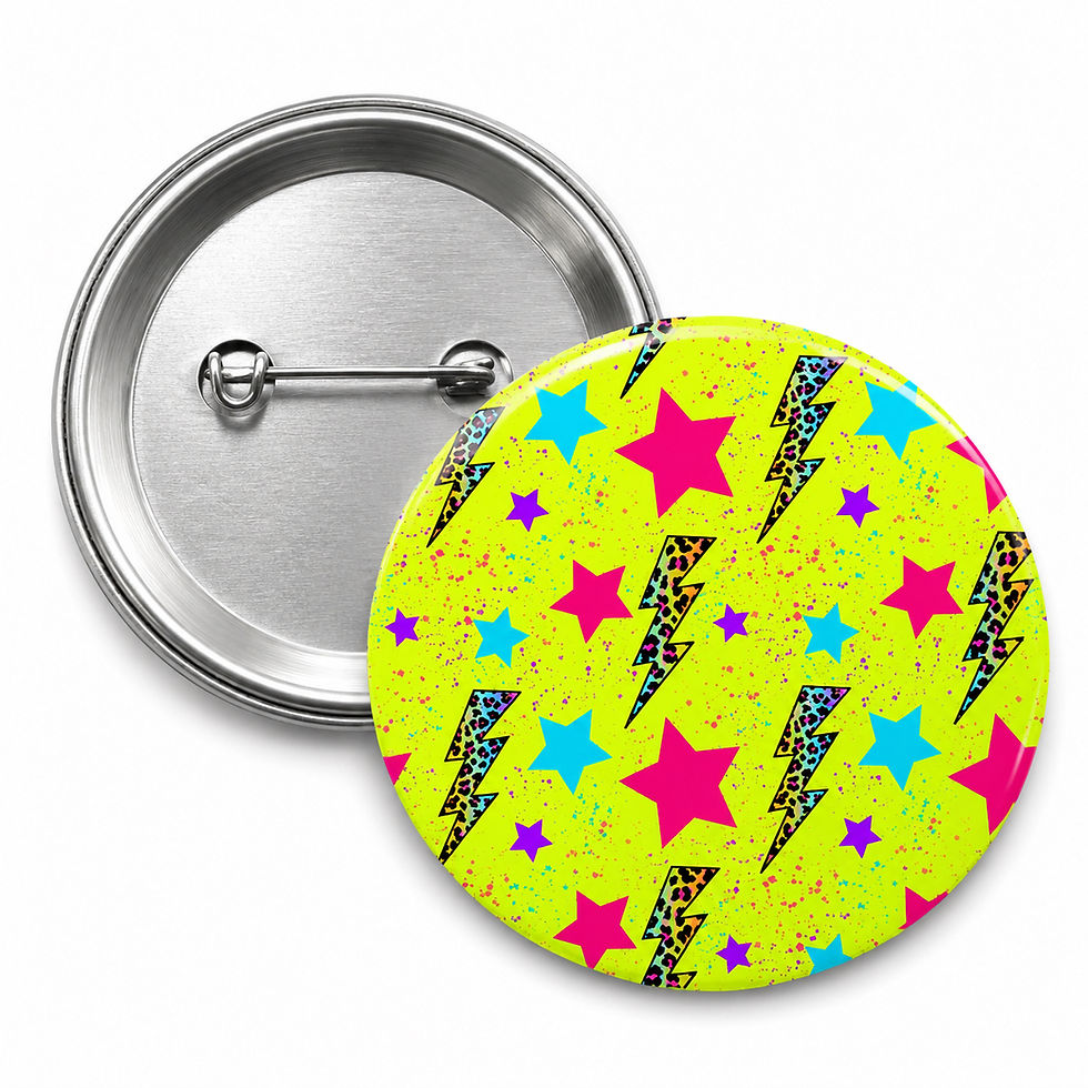 58mm Neon Stars & Lightning Bolt Button Pin Badge – Retro 80s Style Fluorescent