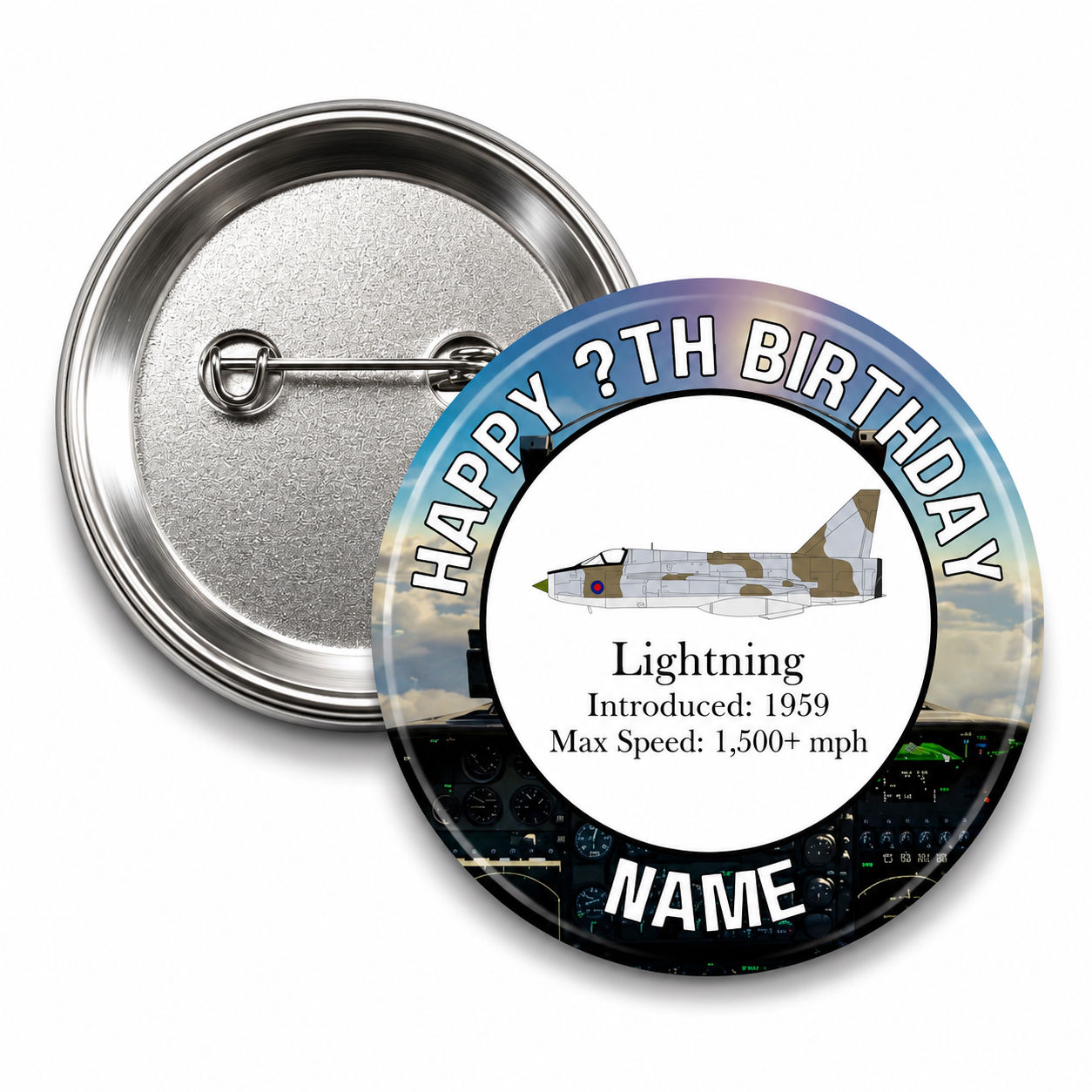58mm Personalised Lightning Jet Birthday Badge