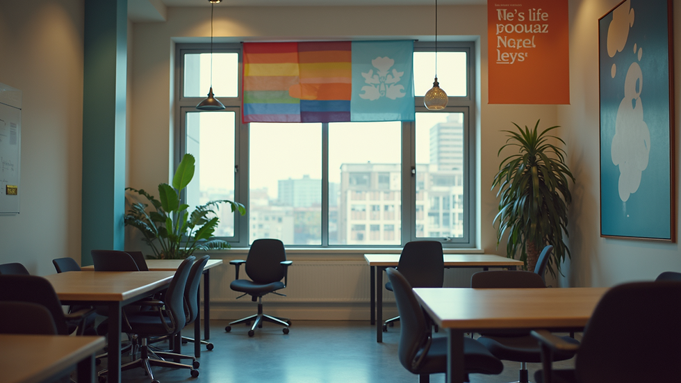 High angle view of a supportive workplace environment with LGBTQ+ banners