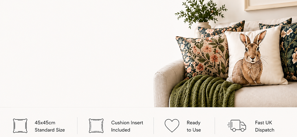45x45cm cushions with inserts on sofa featuring rabbit and floral cushion designs