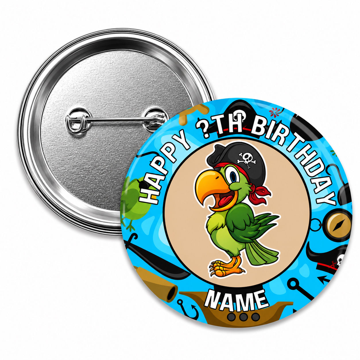 Personalised Parrot Pirate Birthday Badge – 58mm Name & Age Pin Badge