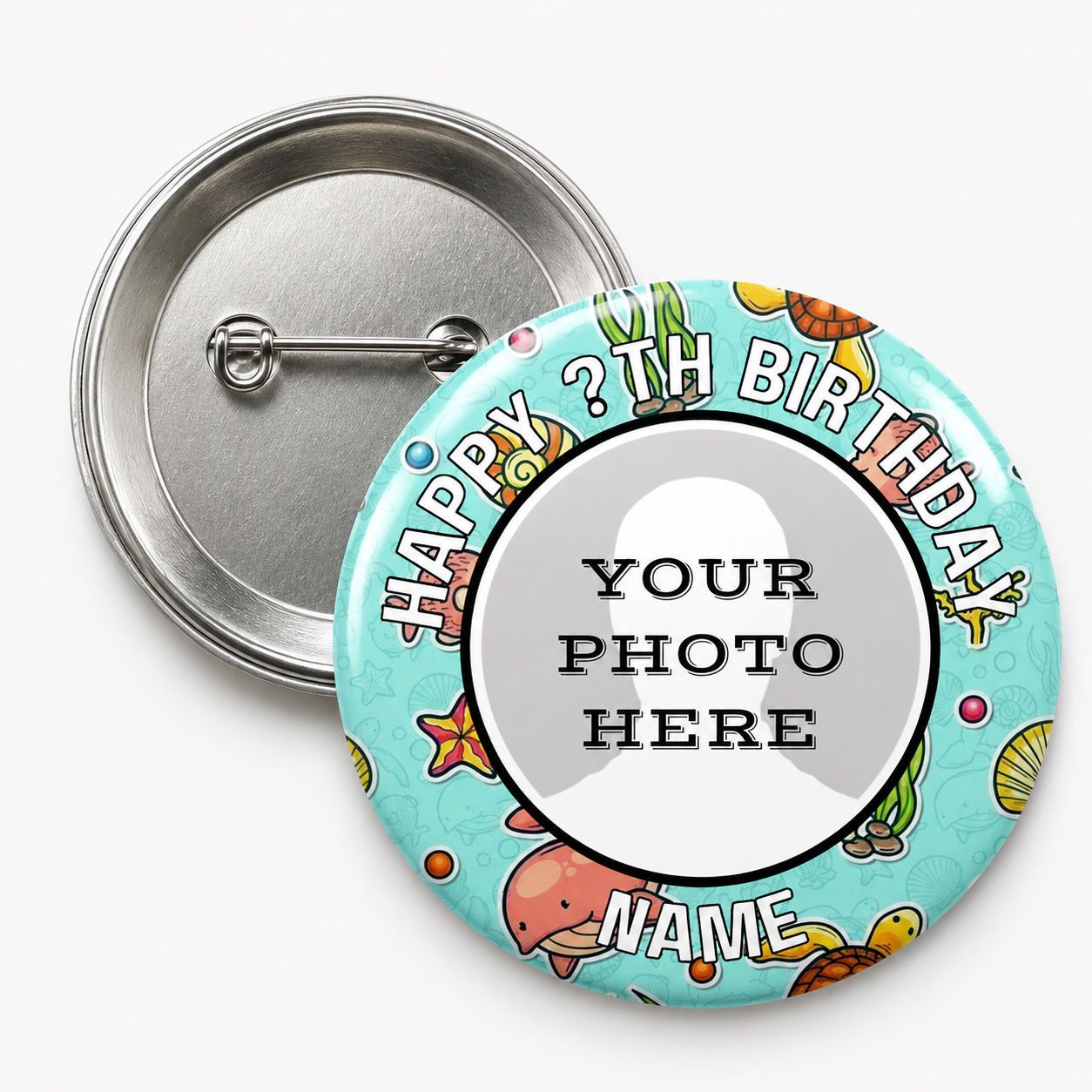 Personalised Under The Sea Birthday Photo 58mm Pin Badge
