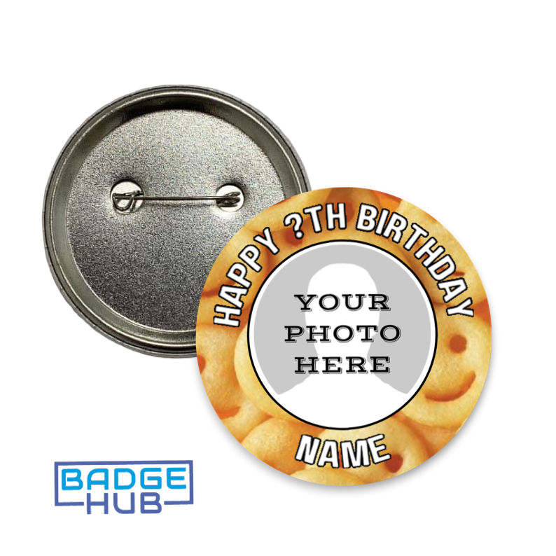 Smiley face potato shapes personalised birthday photo 58mm pin badge with name and age