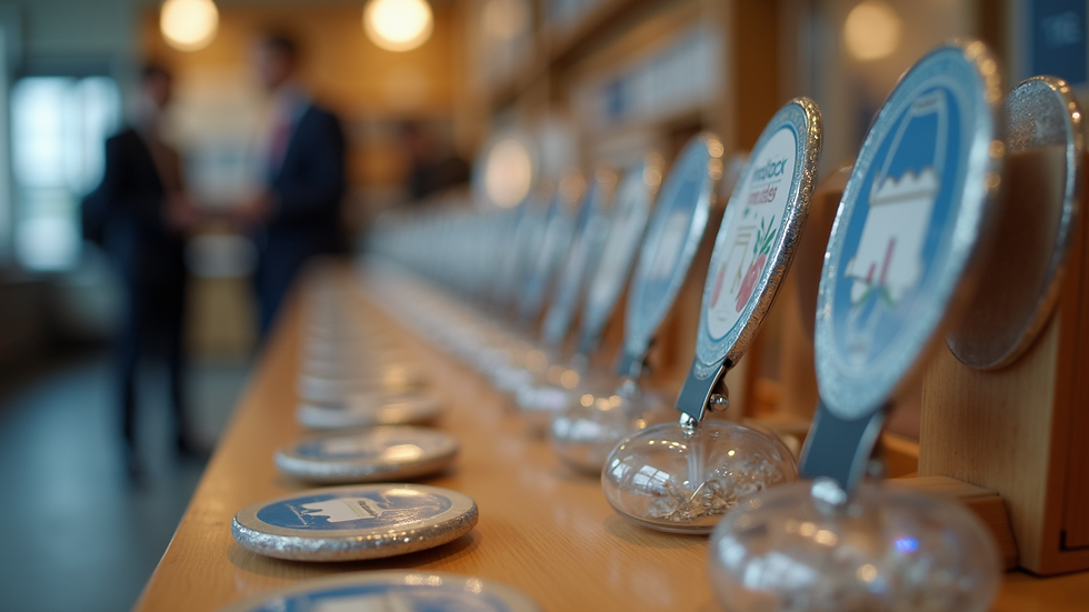 Eye-level view of a display stand with various promotional custom badges